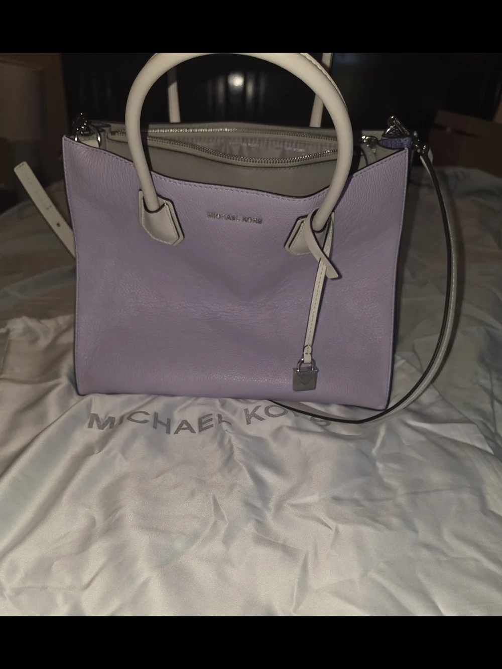 Michael Kors Mercer Large Lavender and Purple Leather Satchel with Cream Handles